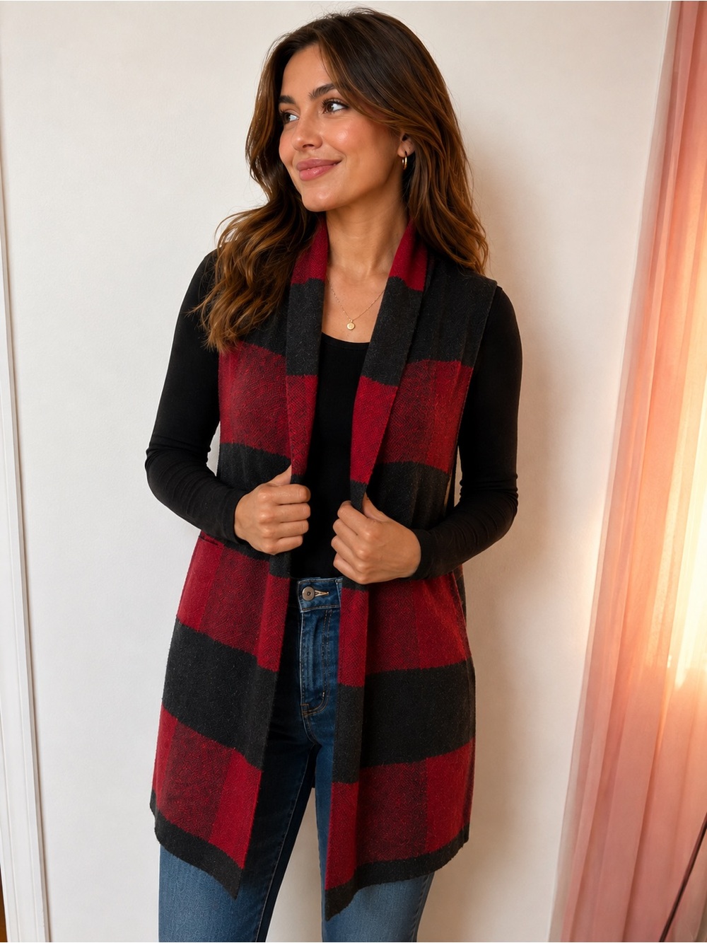 Lea & Nicole Black and Red Striped Open Front Cardigan Vest